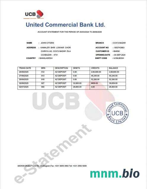 Bangladesh Trust wzór wyciągu bankowego w formacie Word i PDF